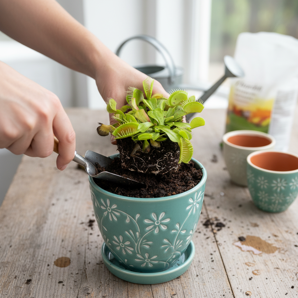 Firefly_Przedstaw kobiece ręce które przesadzają tą rośłinkę do doniczki ozdobnej. 186859