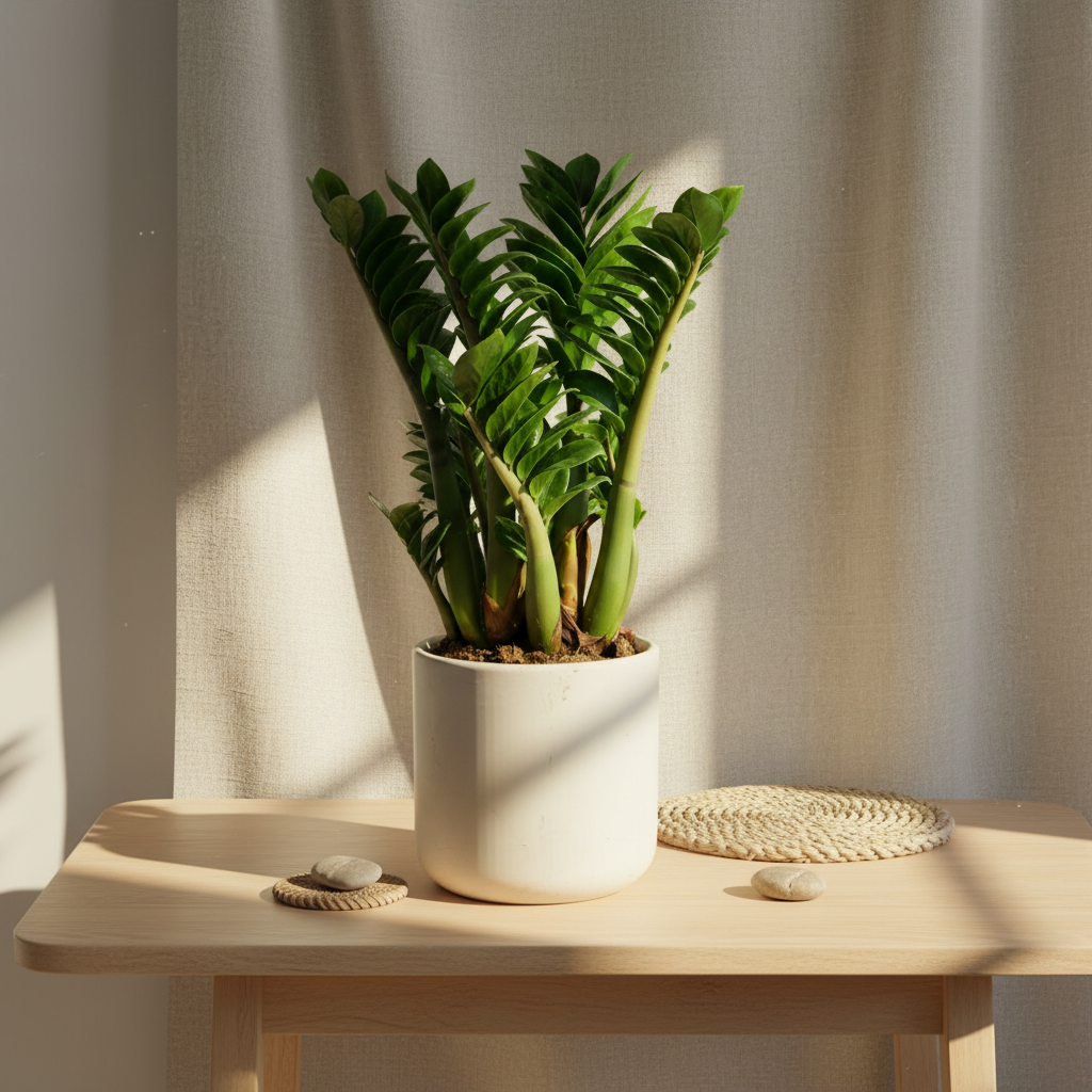 Firefly_Gemini Flash_Natural lifestyle product photography of an indoor plant._Plant displayed on light wo 639730