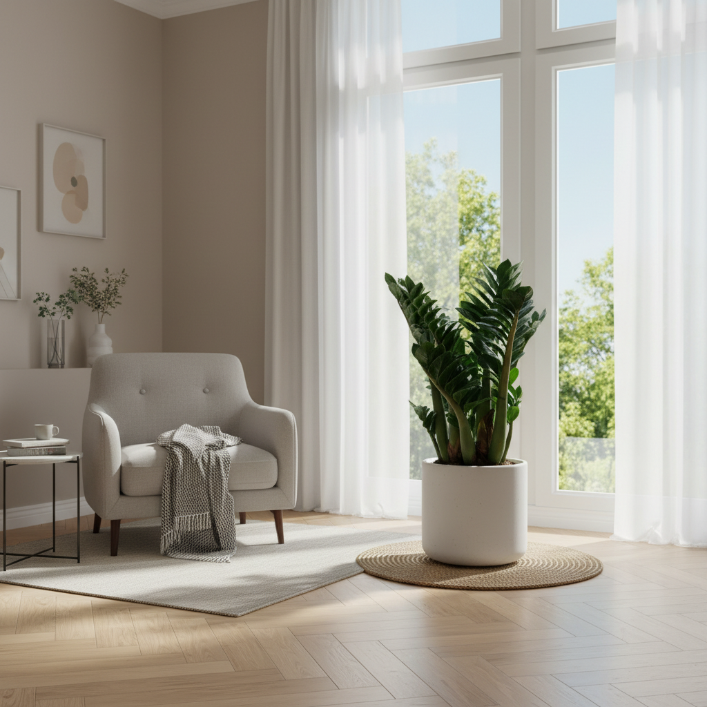 Firefly_przedstaw tą roślinę w salonie stojącą na parkiecie blisko okna. 331677